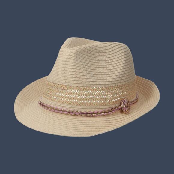 Peach Fedora Ladies Versatile Hat by Rampage Hat Pink & Gold Accent Braided Rope - Picture 3 of 11